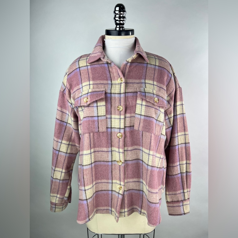 💚 2924. Oversized Pink Purple Plaid Shacket Jacket